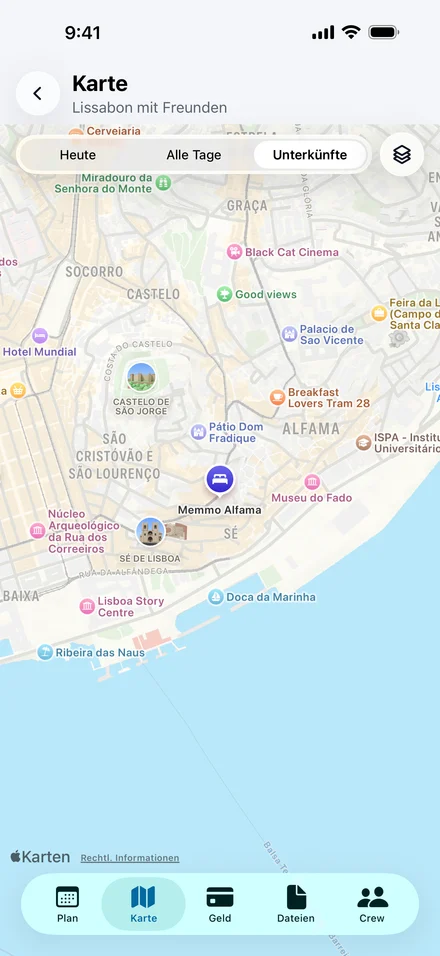 Jurni-Karte von Lissabon mit der Unterkunft und den Orten der Reise, darunter Memmo Alfama, Castelo de São Jorge und Museu do Fado.