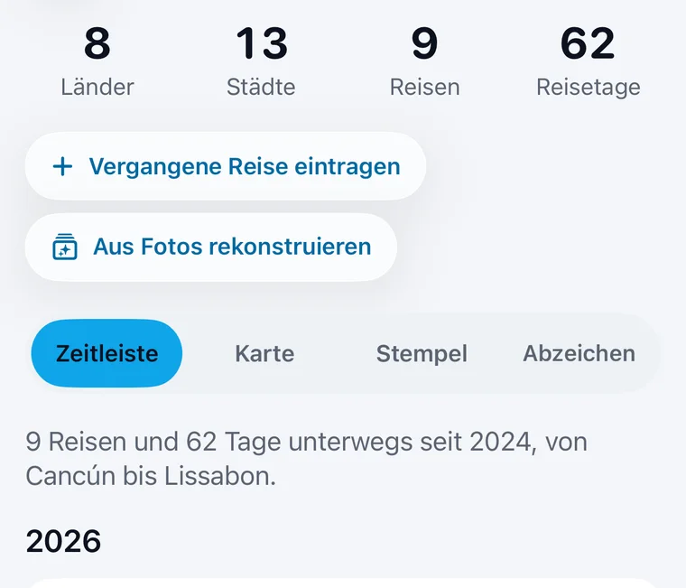 Jurni-Reisegeschichte: Länder, Städte, Reisen und Reisetage, mit „Vergangene Reise eintragen“, „Aus Fotos rekonstruieren“ und einer Zeitleiste der Reisen.