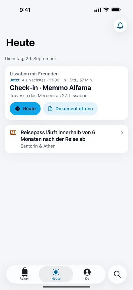 „Heute“ in Jurni: Als Nächstes steht der Check-in im Memmo Alfama an, mit „Route“ und „Dokument öffnen“, dazu ein Reisepass-Hinweis für eine spätere Reise.