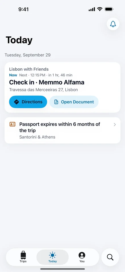 Jurni Today: the next thing is check-in at Memmo Alfama, with Directions and Open Document, and a passport reminder for a later trip.