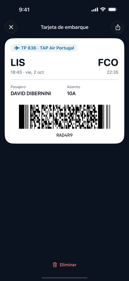 Tarjeta de embarque de Jurni para el vuelo TP 836 de TAP Air Portugal de Lisboa a Roma, asiento 10A, con su código de barras.