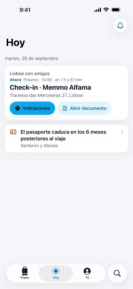 Hoy en Jurni: lo siguiente es el check-in en Memmo Alfama, con Indicaciones y Abrir documento, y un aviso del pasaporte para un viaje posterior.