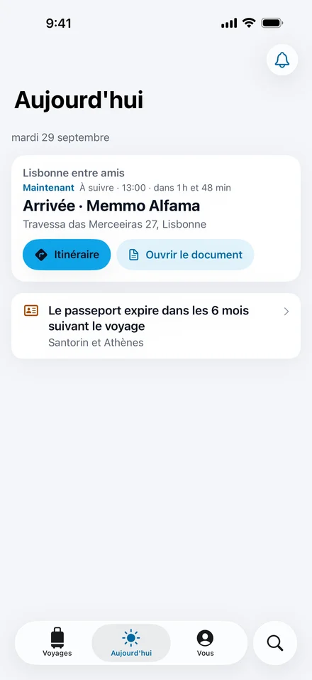 Aujourd’hui dans Jurni : la prochaine étape est l’arrivée au Memmo Alfama, avec Itinéraire et Ouvrir le document, et un rappel de passeport pour un voyage ultérieur.