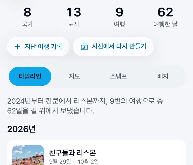 Jurni 여행 이야기: 국가, 도시, 여행 횟수, 여행한 날과 ‘지난 여행 기록’, ‘사진에서 다시 만들기’ 버튼, 여행 타임라인.