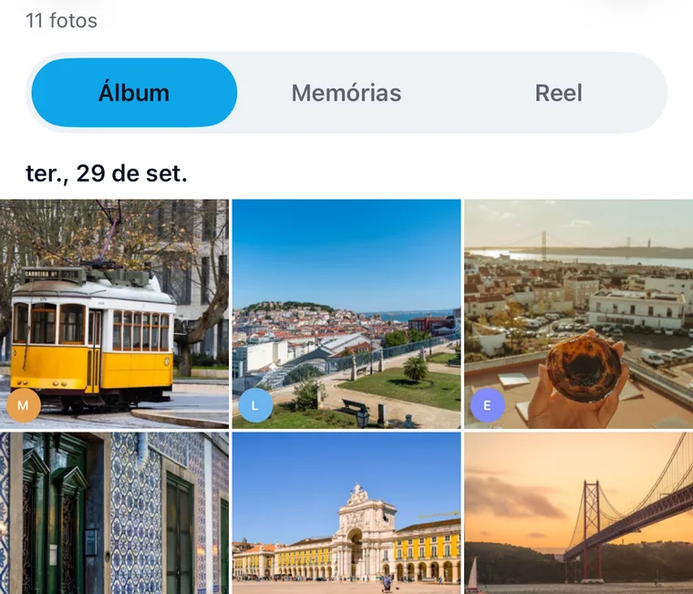Álbum compartilhado do Jurni da viagem a Lisboa: fotos de um bonde amarelo, a cidade vista de um mirante, um pastel de nata, azulejos, a Praça do Comércio e a ponte 25 de Abril, cada uma marcada com quem a adicionou.