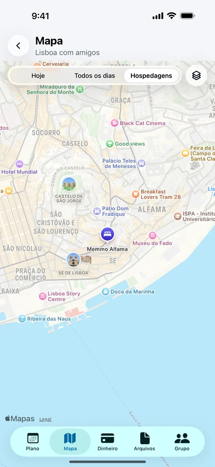 Mapa do Jurni de Lisboa com a hospedagem e os lugares da viagem, incluindo Memmo Alfama, Castelo de São Jorge e Museu do Fado.