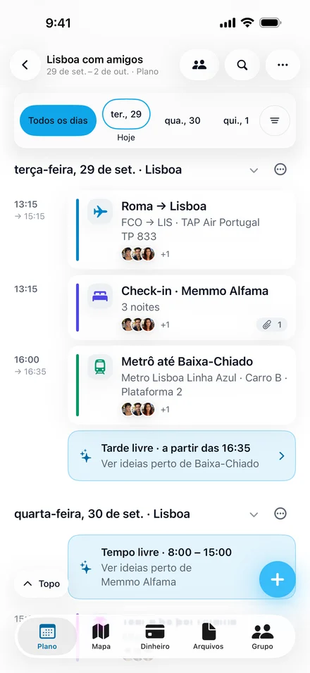 Plano do Jurni para Lisboa com amigos: o roteiro de terça-feira com o voo da TAP saindo de Roma, o check-in no hotel, uma viagem de metrô e ideias para a tarde livre.