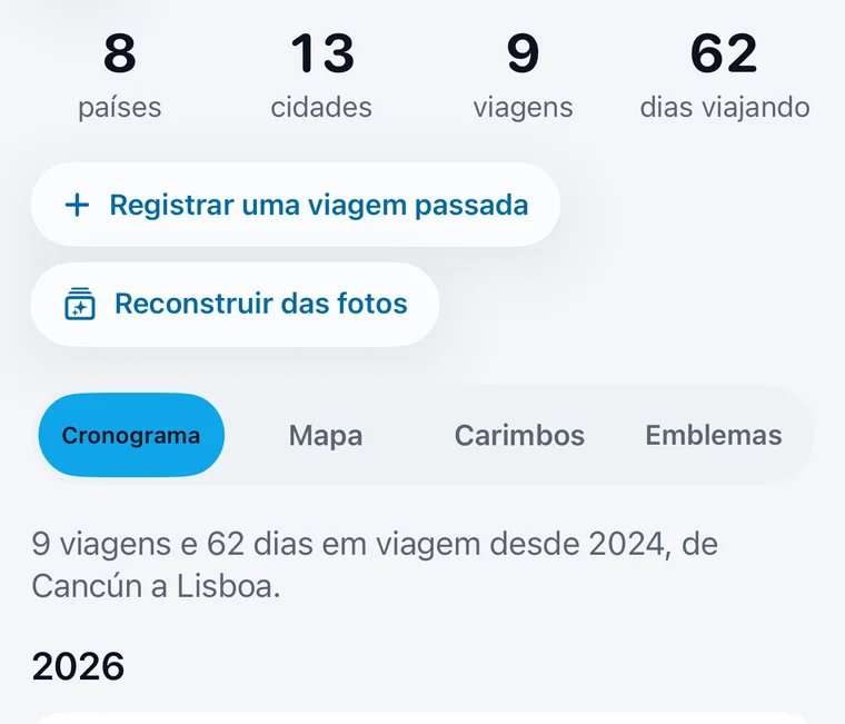História de viagens do Jurni: países, cidades, viagens e dias viajando, com Registrar uma viagem passada, Reconstruir das fotos e um cronograma de viagens.