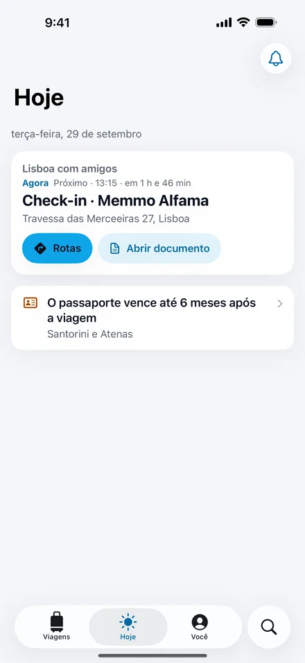Hoje no Jurni: o próximo passo é o check-in no Memmo Alfama, com Rotas e Abrir documento, e um aviso de passaporte para uma viagem mais adiante.