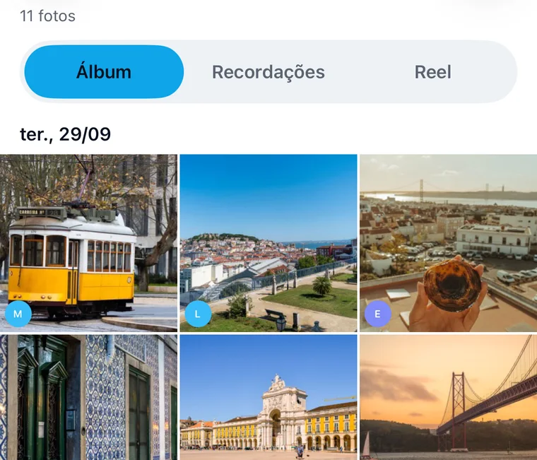 Álbum partilhado da Jurni da viagem a Lisboa: fotos de um elétrico amarelo, da cidade vista de um miradouro, de um pastel de nata, de azulejos, da Praça do Comércio e da Ponte 25 de Abril, cada uma com a indicação de quem a adicionou.