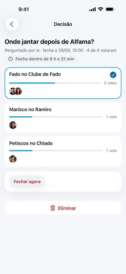Decisão da Jurni «Onde jantar depois de Alfama?» com votos em Fado no Clube de Fado, Marisco no Ramiro e Petiscos no Chiado.