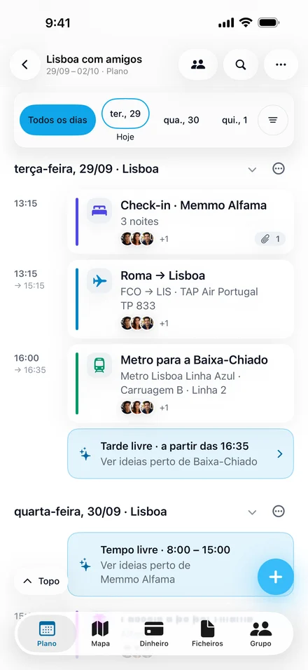 Plano da Jurni para «Lisboa com amigos»: o itinerário de terça-feira com o check-in no hotel, o voo da TAP de Roma, uma viagem de metro e ideias para o tempo livre.