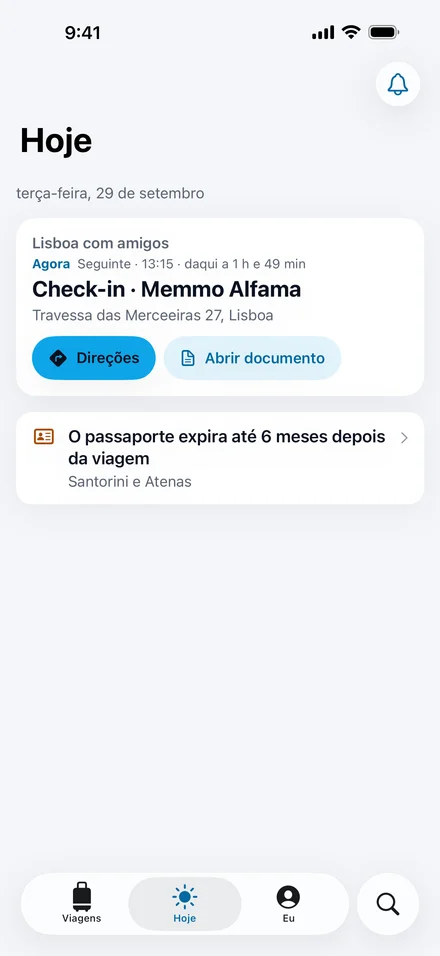 «Hoje», na Jurni: a seguir vem o check-in no Memmo Alfama, com «Direções» e «Abrir documento», e um lembrete do passaporte para uma viagem posterior.