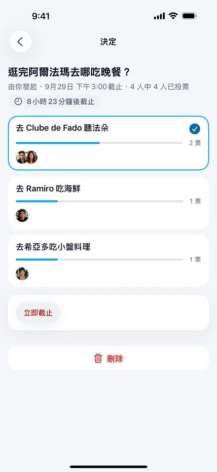 Jurni 中的決定「逛完阿爾法瑪去哪吃晚餐？」，選項有「去 Clube de Fado 聽法朵」、「去 Ramiro 吃海鮮」和「去希亞多吃小盤料理」，並顯示各自的票數。