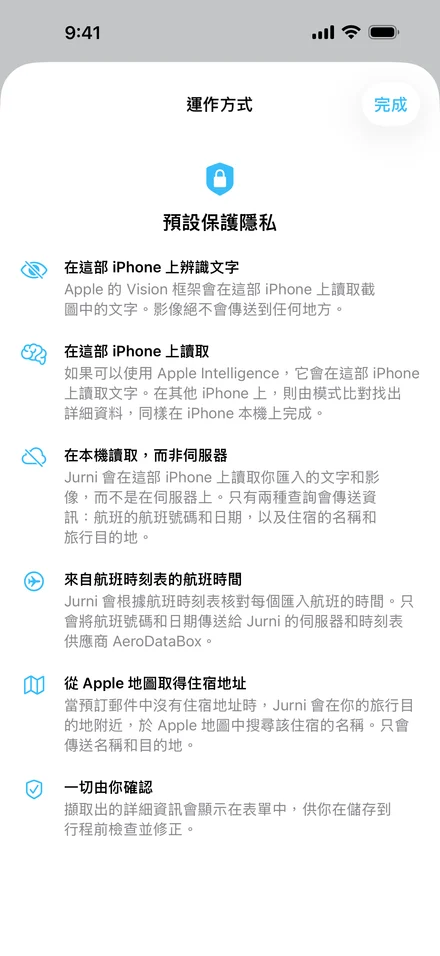 Jurni 的「運作方式」頁面，預設保護隱私：在這部 iPhone 上辨識文字、在這部 iPhone 上讀取、在本機讀取而非伺服器、來自航班時刻表的航班時間、從 Apple 地圖取得住宿地址，以及一切由你確認。