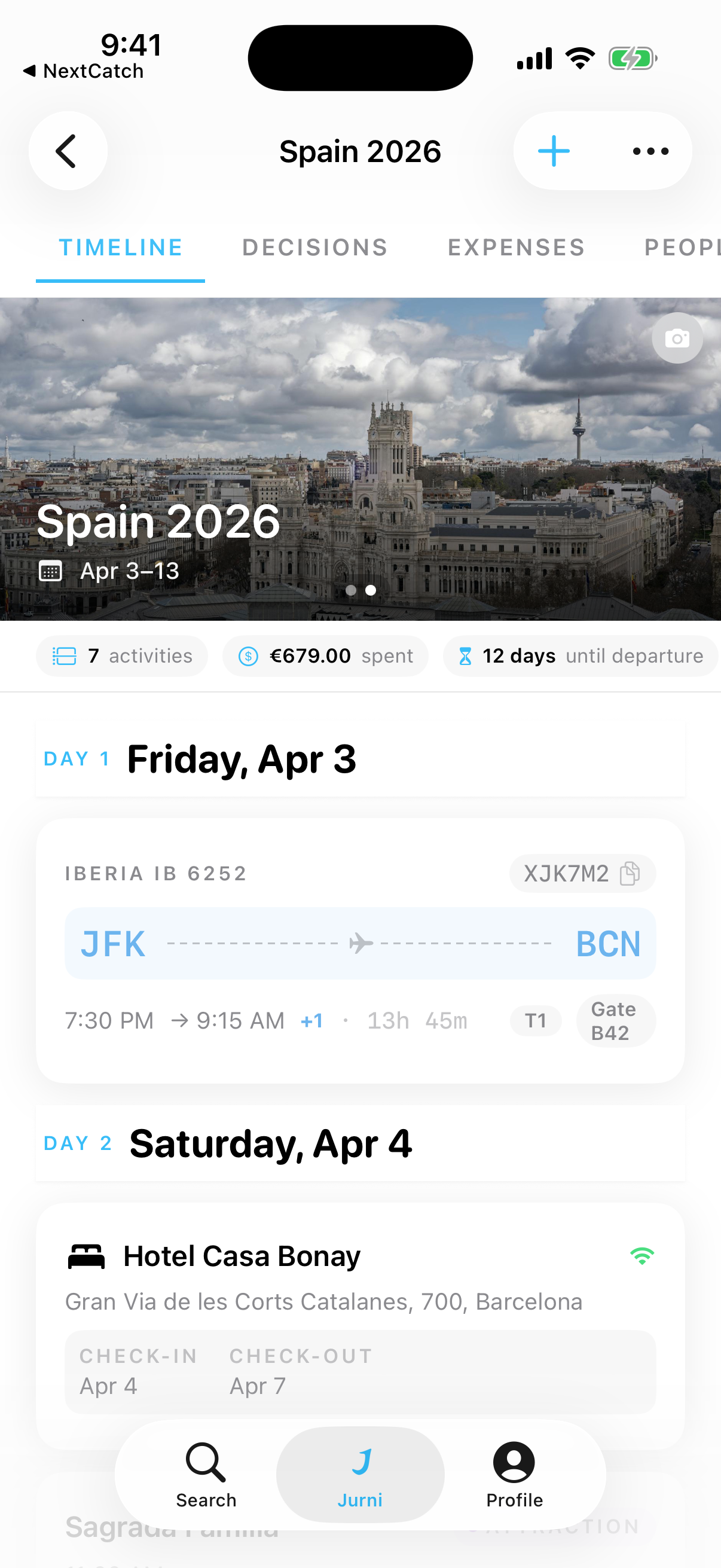 Day-by-day timeline view