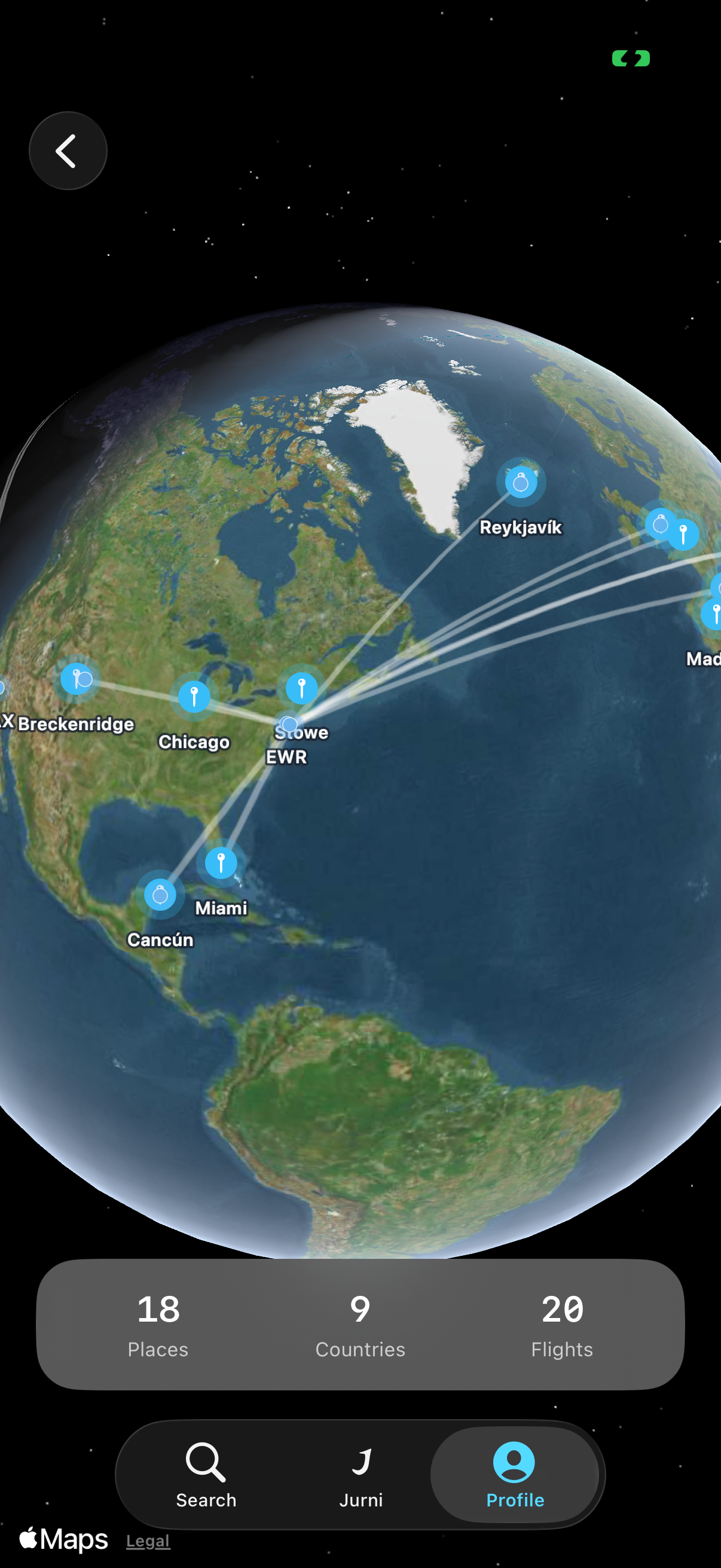 Interactive 3D globe showing travel history